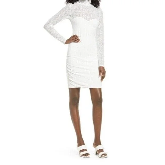 Open Edit | Dresses | Open Edit Lace Sheath Mini Dress White Mock Neck  Ruched Sides Long Sleeves M Nwt | Poshmark